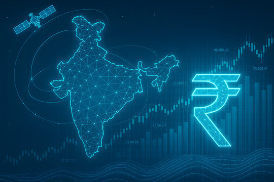 Digital map of India with glowing rupee symbol and stock market graph representing fintech economy growth technology innovation cryptocurrency finance data analytics and digital banking - Powered by Adobe