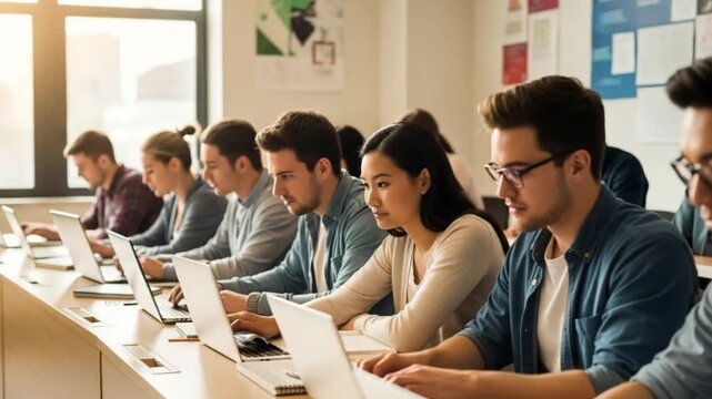 Diverse students collaborate on laptops in university classroom for a dynamic learning exp