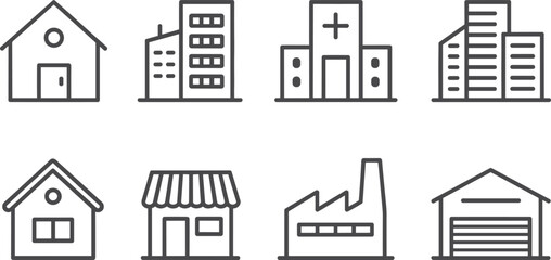 Set of eight minimalist black and white line art building icons including house, hospital, office, factory, shop, and garage