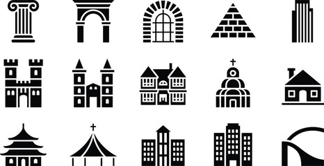 Set of fifteen black and white architectural icons including columns, castles, domes, houses, pyramids, skyscrapers, temples, and buildings