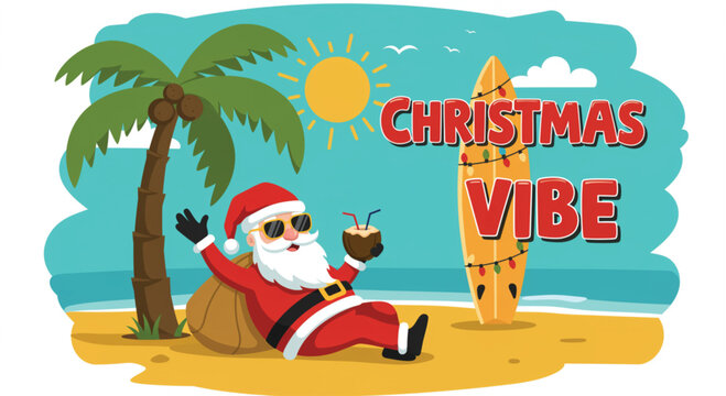 A festive illustration of Santa Claus enjoying a tropical Christmas vacation, complete with a surfboard, coconut drink, and sunny beach, perfect for holiday greetings. Vector illustration.