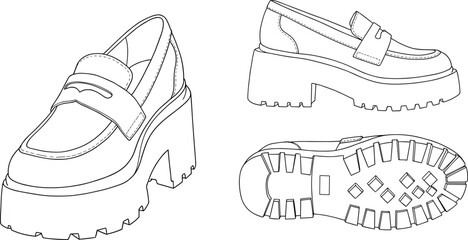 Chunky platform loafer shoe design, trendy women's footwear, CAD technical illustration, fashion design template, vector line art style