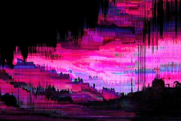 Abstract digital glitch art, vibrant pink, magenta, and purple hues, pixelated, fragmented, layered, textured