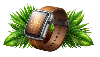 Tropical Coconut with Green Leaves and Modern Smart Band Concept, Isolated on Transparent Background.