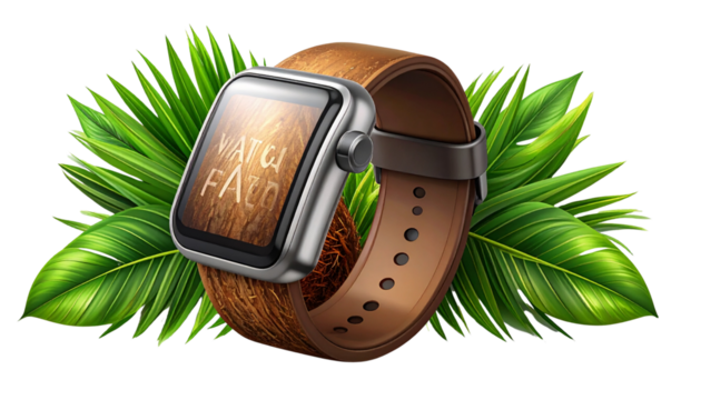 Tropical Coconut with Green Leaves and Modern Smart Band Concept, Isolated on Transparent Background.