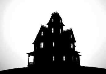 Eerie Silhouette: Spooky Victorian House Against a Pale Sky, Mysterious Mansion Casting Long Shadows, Evoking Halloween Fear and Gothic Architecture.