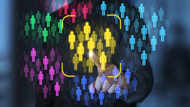 Target market and audience analysis. Marketing segmentation strategy. Marketer touching many customer icons.