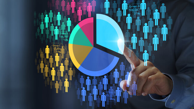 Statistics about people or customers. Data of marketing research. Analysis of target audience. People icons and pie chart. Marketer touching the graph.