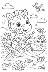 Fototapeta premium Adorable zebra rowing a leaf boat in a serene pond coloring page