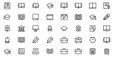 Vector collection of education related icons featuring books graduation caps and school supplies in a line art style