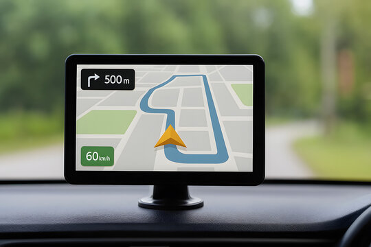 Car dashboard GPS navigation screen, digital route map display inside vehicle, modern automobile navigation system close up, road guidance monitor, smart driving technology interface on windshield vie