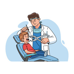 Professional male dentist extracting a tooth from a young boy patient who looks nervous, illustrating dental care, tooth extraction procedure, and pediatric dentistry concepts.
