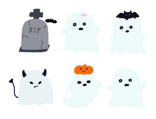 Cute Halloween ghost icon set with tombstone, pumpkin and bat