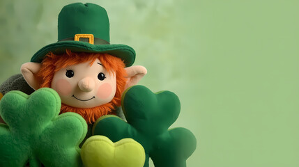 St. Patrick's Day banner featuring a leprechaun doll and shamrocks.