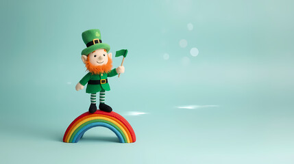 St. Patrick's Day banner with a leprechaun toy on a rainbow.