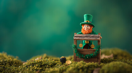 Leprechaun toy with pot of gold for St. Patrick's Day banner