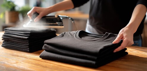Woman ironing and folding a stack of black t-shirts on a wooden table, steam rising from the iron.