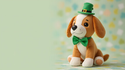 Stuffed dog toy wearing a green hat and bow tie