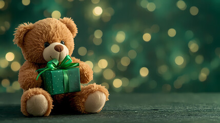 Teddy bear holding a green gift box