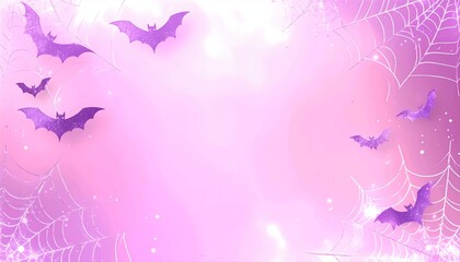Halloween feminine pastel pink background with gothic spider webs bats and glitter