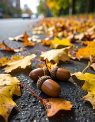Autumn leaves and acorns on a city street