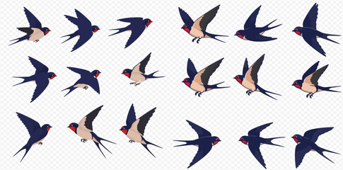 A collection of swallows in various flying poses, showcasing their distinctive forked tails and dark plumage.