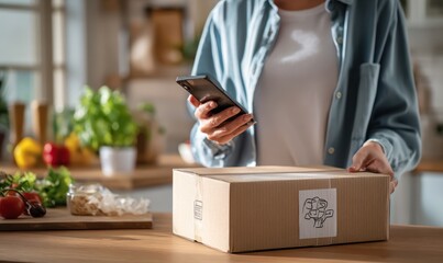 Woman scanning QR code on a delivery box with her smartphone in a modern kitchen.