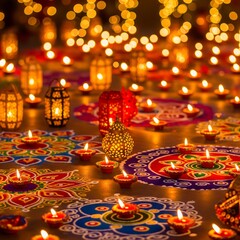 Authentic Diwali celebration with glowing diyas, colorful rangoli and golden festive lights, perfect for advertising, greetings and holiday campaigns