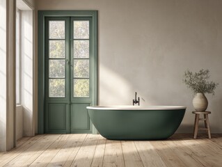 Calm, minimalist bathroom with a verdant door and freestanding tub
