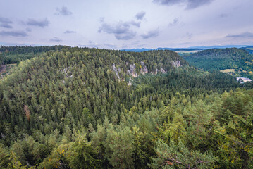 Obraz premium Teplice Rocks, part of Adrspach-Teplice landscape park in Czech Republic, view from high rock with Strmen Castle ruins