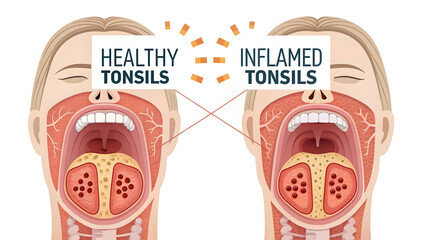 Educational Diagram Side-by-Side Comparison of Healthy Tonsils vs. Inflamed Tonsils (Tonsillitis) in Human Mouth Oral Anatomy Health and Disease Detailed Illustration of Swollen Palatine Tonsils