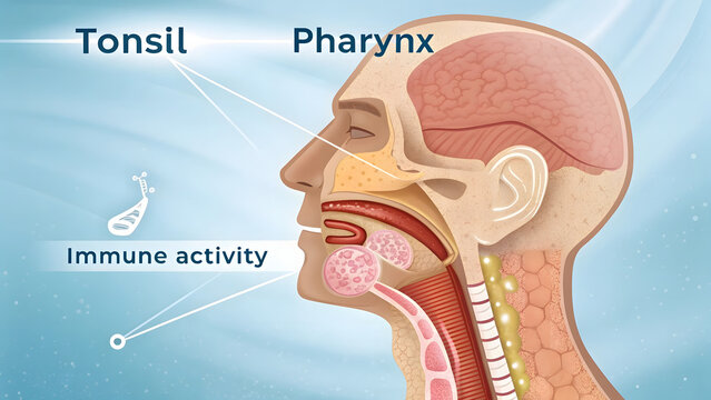 Anatomical Cutaway Rendering of Oral Cavity, Pharynx, and Tonsil Immune Activity Detailed Sagittal View of Human Head Showing Throat Anatomy, Tonsils, and Lymphatic Immune Function