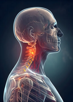 Cervical Spine Pain and Inflammation Semi-Transparent Anatomical Rendering of Neck Vertebrae Injury Human Profile with X-Ray Vision Detailed 3D Medical Illustration of a Red-Hot