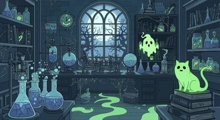 a glowing green cat and a friendly ghost in a spooky chemistry lab with bubbling potions and a gothic window perfect for halloween.