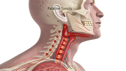 High-Resolution 3D Medical Illustration of Palatine Tonsils and Deep Neck Lymphatics Anatomy of the Throat and Neck Detailed View of Tonsils, Skull, and Lymph Nodes