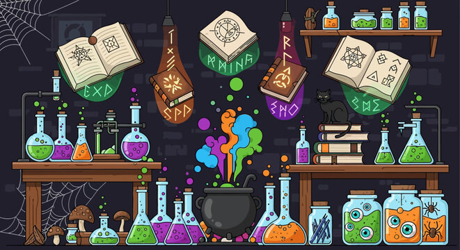 a magical alchemists laboratory bubbling potions ancient spellbooks and arcane ingredients creating a mysterious fantasy atmosphere for halloween.