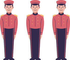 Hotel bellhop vector set with red uniform, gold buttons, ceremonial attire, service staff, cartoon illustration, hospitality role, professional outfit