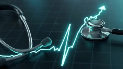 Vibrant medical stethoscope on an evolving heart rate graph, symbolizing health progress - Powered by Adobe