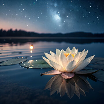 A serene lotus flower floats gently over calm, moonlit water at night, radiating peace and delicate natural beauty.