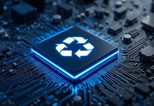 Glowing recycle symbol on microchip on circuit board symbolizing circular economy and eco technology