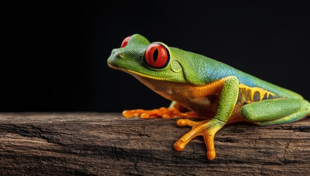 Vibrant red-eyed tree frog perched on a dark log
