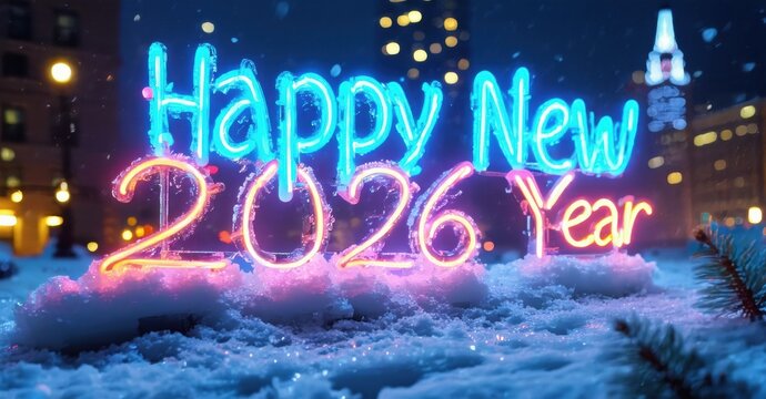 Bright neon sign displays Happy New 2026 Year. Snowy landscape surrounds glowing text, nighttime scene. Festive illumination.