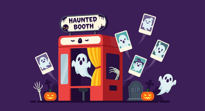 halloween haunted photo booth ejecting ghost pictures with pumpkins skeleton and tombstone for festive holiday visuals.