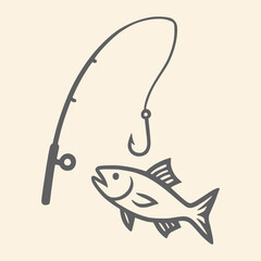 Retro Fish Drawing with Hook – Perfect for Fishing Club Logos Fishing Angler with fish and hook, fishing rod.