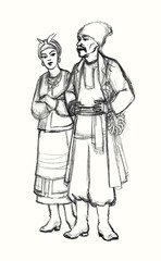 Pencil drawing. People on the market