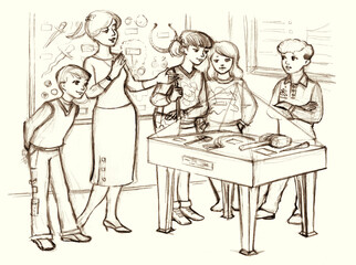 Pencil drawing. Children in the museum