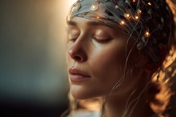 Woman with fairy lights on her head, eyes closed, in a meditative state.