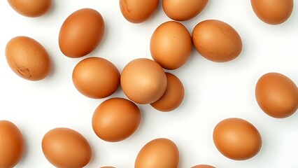 Fresh brown eggs arranged in a circular pattern on a clean white surface, emphasizing natural textures.