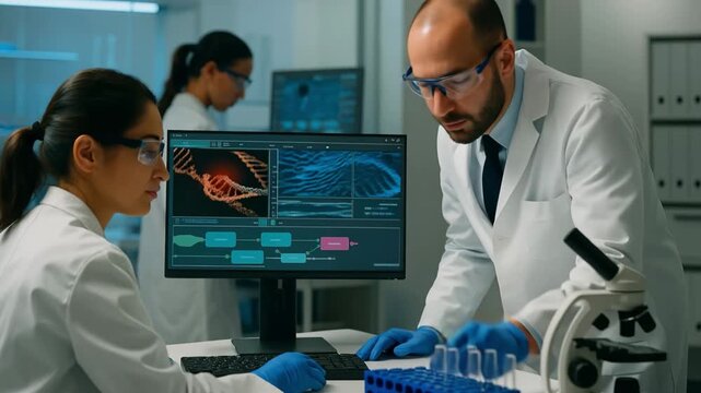 Genetic research and biotechnology innovation with scientists analyzing DNA data in modern laboratory environment