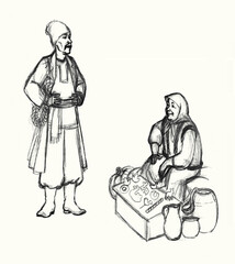 Pencil drawing. People on the market